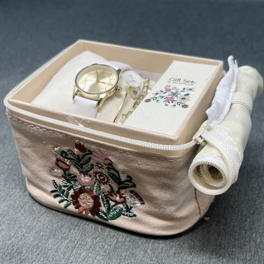 NEW Folio Floral Embroidered Jewelry Travel Gift Case Rose Gold Tone Watch Set